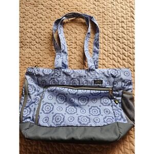LL Bean Insulated Lightweight Tote Bag Purse Blue Floral Zippered Pockets LG